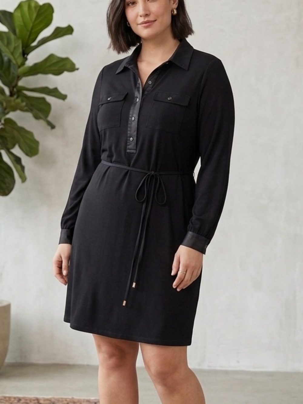 White‎ House Black Market Satin-Trim Matte Jersey Shirt Dress XL Black